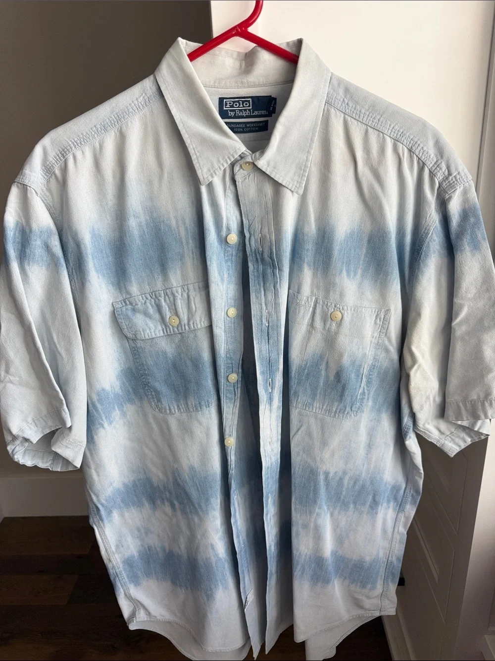 Polo by Ralph Lauren Light Blue Tie-Dye Short Sleeve Dungaree Button-Down Shirt